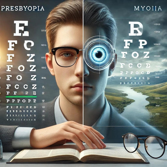 Illustration de la myopie et de la presbytie avec des lunettes de vue et des lunettes loupe, mettant en évidence les différences entre ces troubles visuels