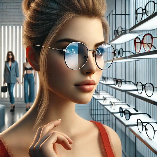 Femme élégante portant des lunettes loupes modernes en 2025, dans un environnement lumineux et stylé, avec des montures tendance en arrière-plan.