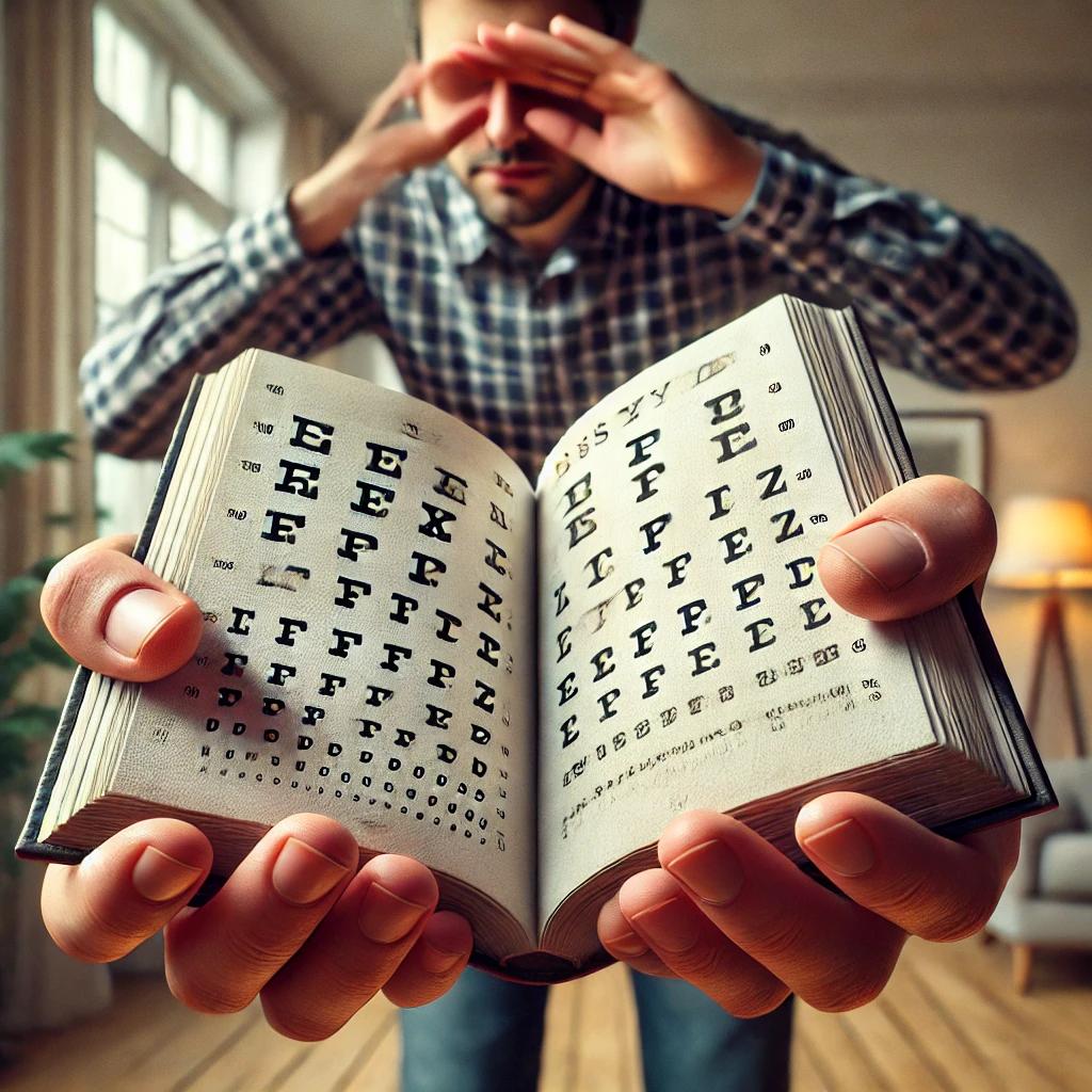 Une personne tenant un livre à bout de bras, peinant à lire les petits caractères, illustrant les effets de la presbytie.