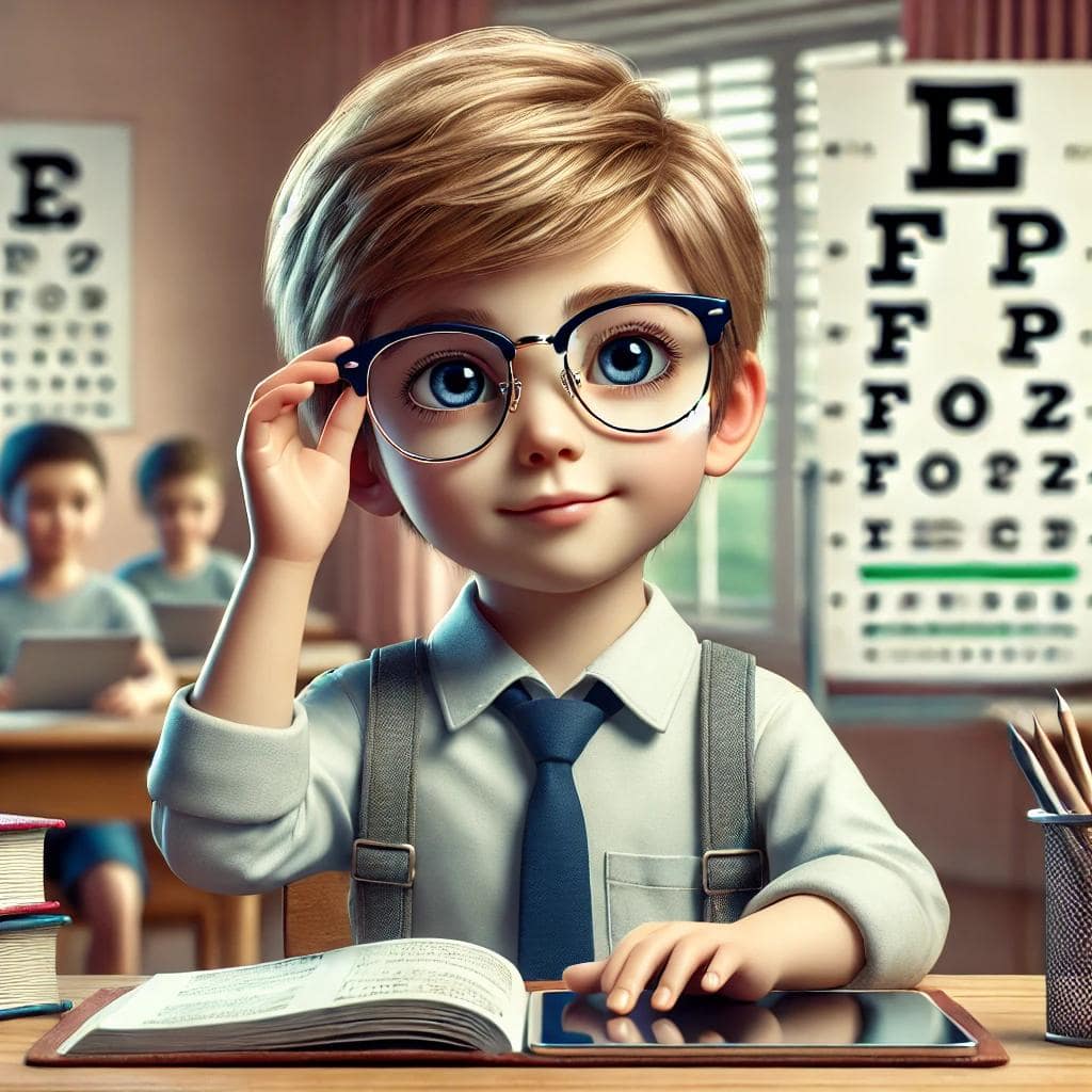 Un enfant portant des lunettes de vue pour corriger la presbytie, assis à un bureau avec des livres et une tablette.