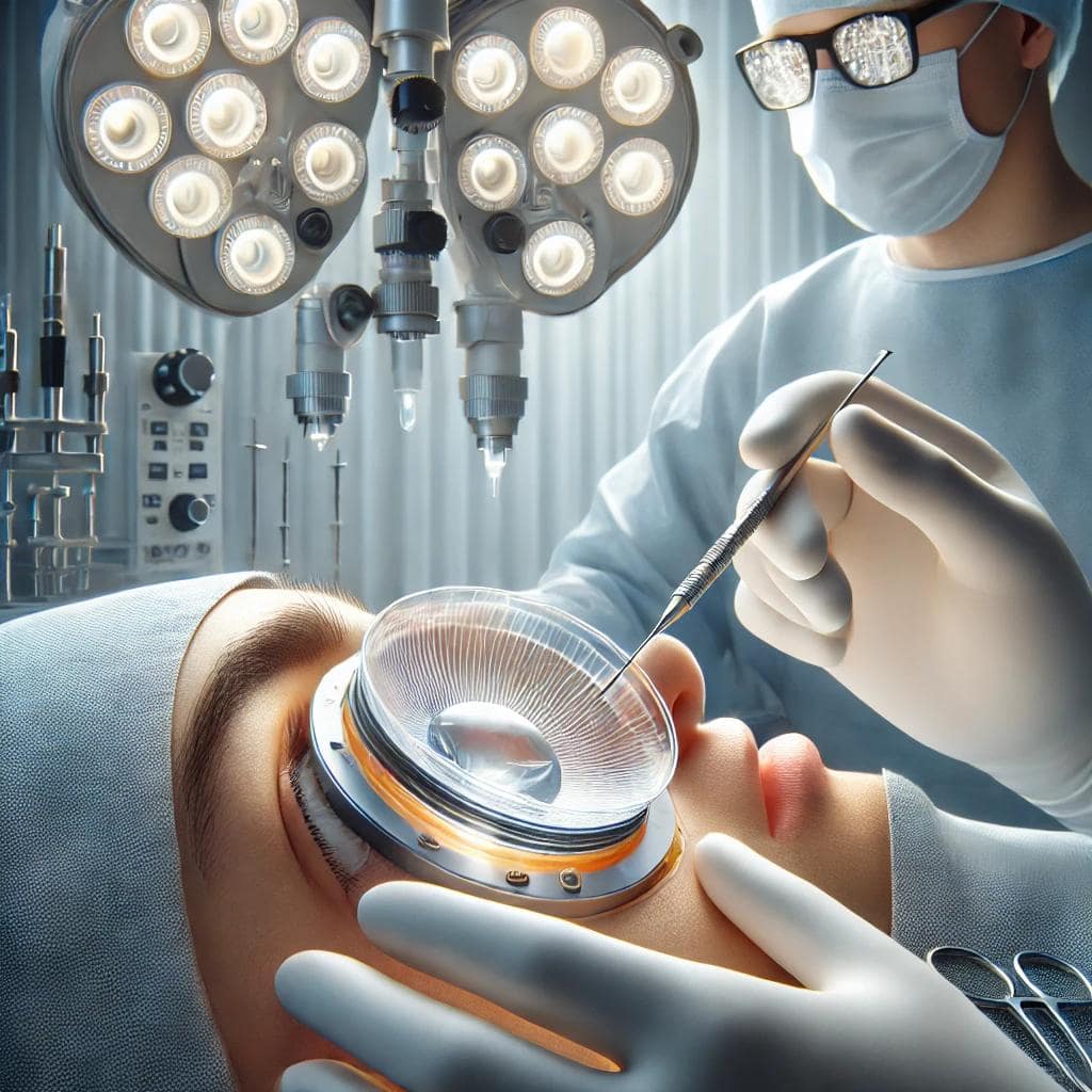 Patient subissant une chirurgie de remplacement du cristallin dans une salle d'opération stérile, avec implantation d'une lentille intraoculaire.