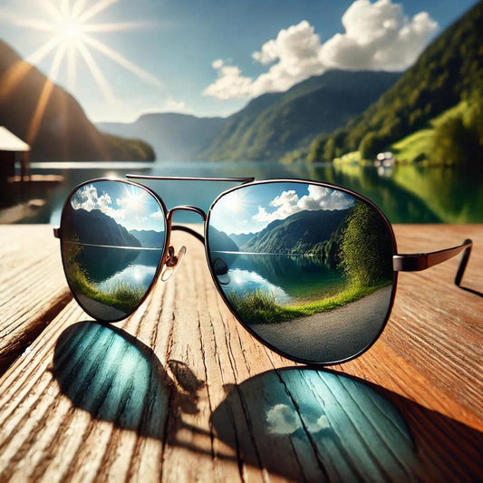 Une paire de lunettes polarisées posée sur une table en bois, reflétant un paysage de montagnes et de lac.