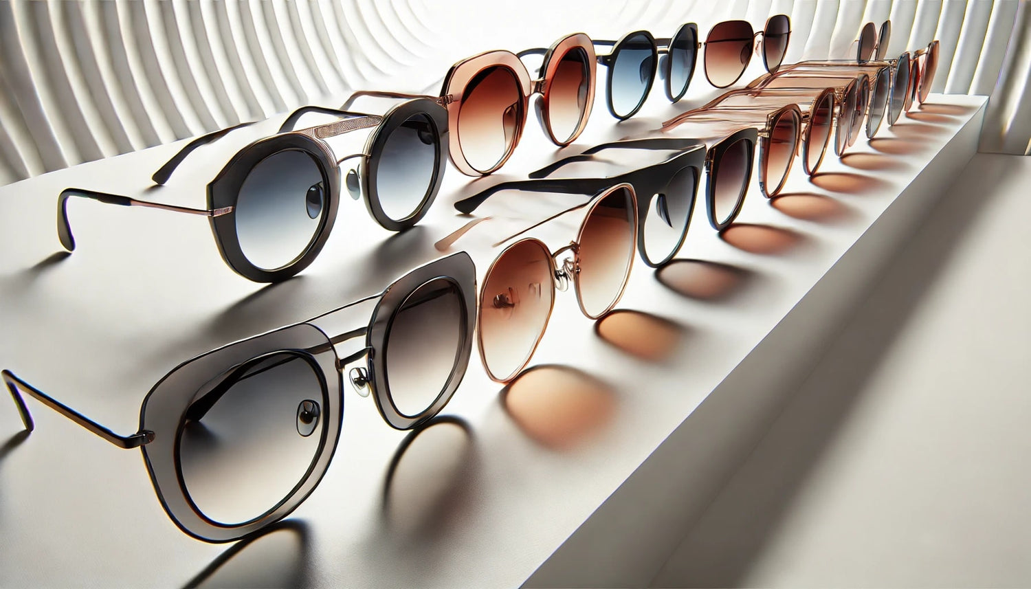 Cette image présente une élégante collection de lunettes de soleil alignées sur une surface blanche, mettant en valeur divers styles et formes. Les verres teintés et les montures raffinées offrent une touche moderne et sophistiquée.